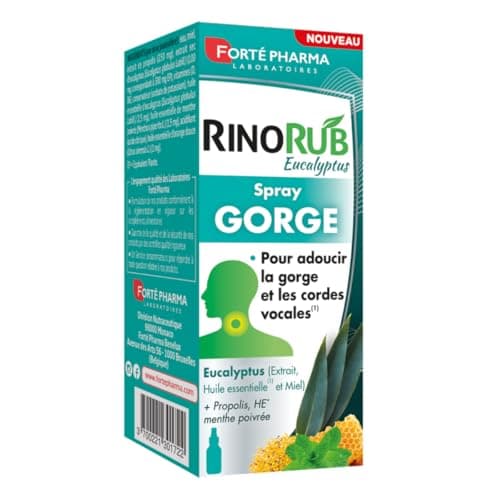 Forté Pharma - RinoRub Spray Gorge| Complément alimentaire Gorge - Maux de gorge, Gorge irritée, Cordes vocales | Huile essentielle d'Eucalyptus, Sureau, Vitamine D, Vitamine B6 | Spray 15ml