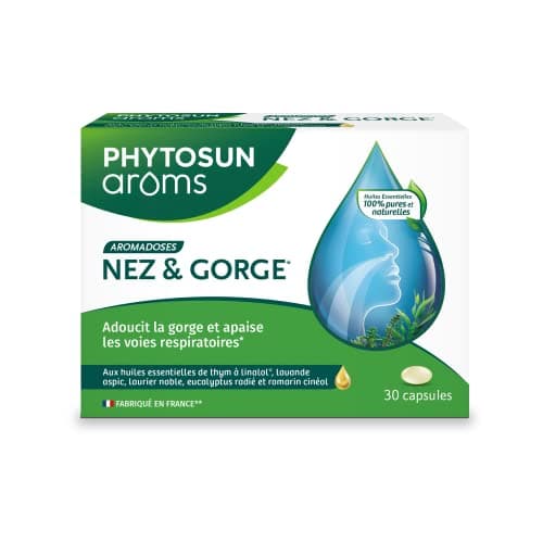 PHYTOSUN AROMS Capsules Nez et Gorge, ¹Adoucit la gorge et ²Apaise les voies respiratoires grâce aux huiles essentielles de ¹˒²thym et ¹d'eucalyptus, 30 Capsules