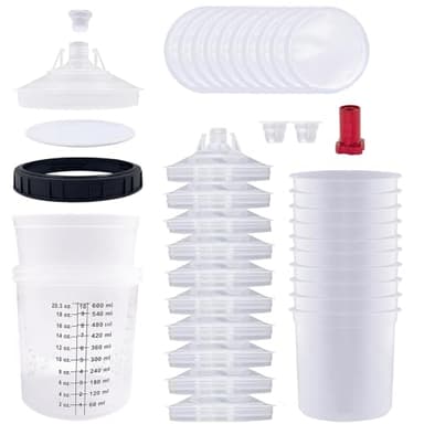 Hanured® Gobelet peinture, Measuring cups pour pistolet à peinture de 600ML avec 10 gobelets et couvercles, 1 gobelet dur avec anneau de retenue, 1 adaptateur de gobelet