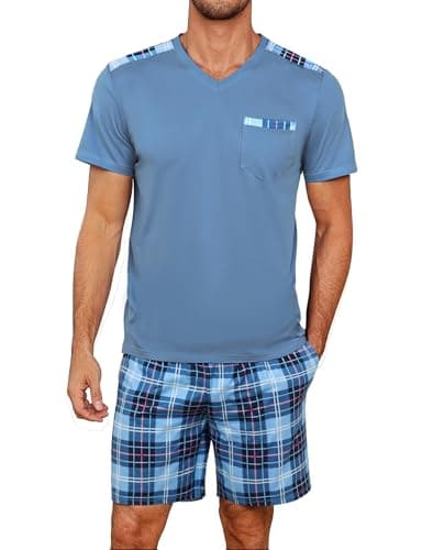 Litherday Pyjama Homme Coton Été Court Ensembles de Pyjama Homme Short à Manches Courtes avec Col en V Vêtements de Nuit Hommes à Carreaux Deux Pièces Bleu L