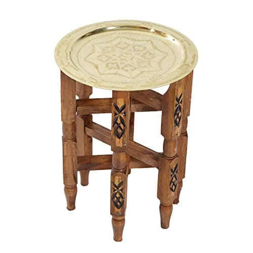 CASA Moro | Karam 40 Table à thé Marocaine avec Plateau en Laiton Ø 40 cm | Table Pliante en Bois Fait Main avec Plateau de Service Couleur Or TA6060