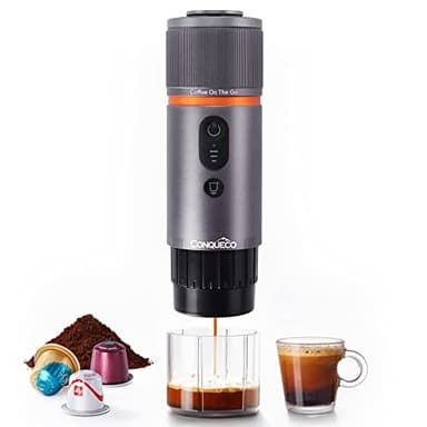 CONQUECO Machine à Cafe Portable - Cafetière à Expresso Chauffage Électrique de Voyage - pour 12V Voiture et le Camping - Compatible avec les Capsules Nespresso et les Capsules Starbucks