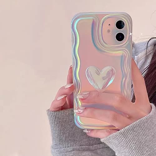 JiuWang Coque pour iPhone 13 Pro Max Ondulée Couleur Laser Rose avec Cœur, Multicolore au Soleil, Etui iPhone 13ProMax Case Design Originale Aesthetic pour Femme Fille