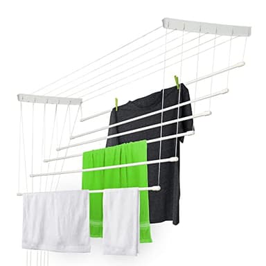 KADAX Etendoir a Linge au Plafond avec Tiges en Acier, Pratique Systeme de Sechage Suspended pour Maximiser l'espace Interieur (Blanc, 6 x 190 cm)