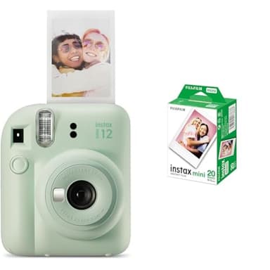 Fujifilm instax Mini Appareil Photo instantané 12, Exposition Automatique avec Objectif Selfie intégré, Vert Menthe & Twin Films - 86 x 54 mm - 10 Feuilles x 2 Paquets = 20 Feuilles