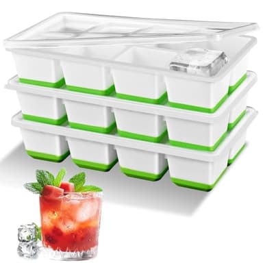 Grand Bac à Glacon, Alinana Lot de 3 Bacs à Glaçons en Silicone avec Couvercle, Sans BPA - Empilable Moule à Glaçons pour 24 Gros Glaçons, idéal pour Cocktails, Whisky, Jus (Couleur Vert)