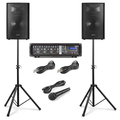 VONYX VX210 Système de Sonorisation Complet Bluetooth - 800 Watts, avec Trépieds Réglables, Table de Mixage Amplifiée, 2 Enceintes, Câbles, Microphone, Idéal pour Animer Vos Soirées