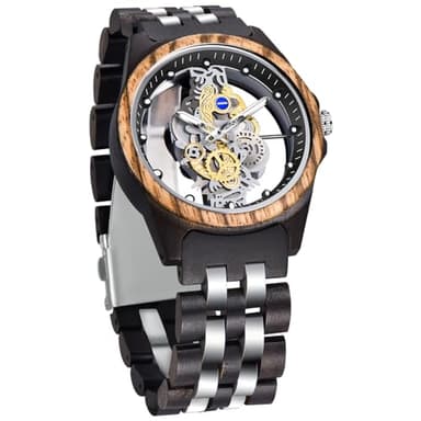 Tiong Montre en bois pour homme - Fabriquée à la main - Multicolore - Montre analogique à quartz, Wq1243-black, Rétro