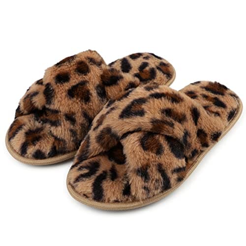 riemot Chaussons Femme Pantoufles en Mousse à Mémoire de Forme Antidérapantes et Confortables Chaussons Femme Hiver Pelucheuses Bout Ouvert Slippers Pour Intérieur/extérieur,Léopard,EU38-39