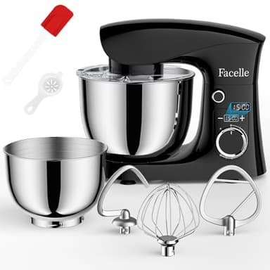 Robot Patissier 1500 W, Facelle 5,5L& 4,5L Robot Cuisine Multifonctions, 10+P Mixer Cuisine Professionnel Avec Fouet, Batteur, Crochet Pétrisseur et Protection Anti-Éclaboussures
