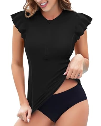 WOWENY Maillot de Bain Anti-UV pour Femme - Manches à Volants - avec Fermeture éclair 1/4 - Maillot de Bain Rash Guard - Tankini - Haut pour Femme, b-Noir, L