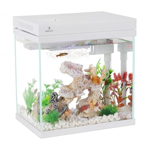 fishkeeper 8L Petit Aquarium Complet, Nano Aquarium Poisson Rouge avec Pompe, Filtration et LED, Mini Aquariums kit Autonettoyant pour Le Bureau et la Maison, Blanc