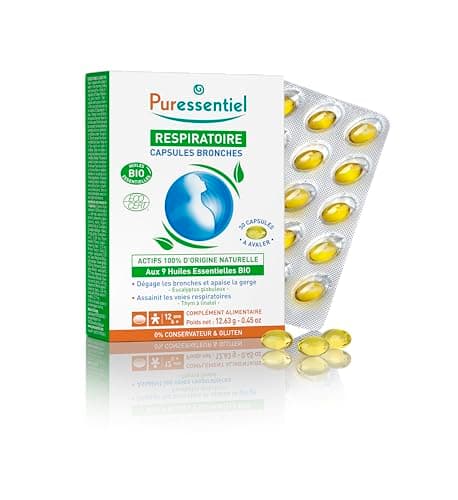Puressentiel - Respiratoire - Capsules Bronches aux huiles essentielles Bio - Actifs 100% d'origine naturelle - Dégage les bronches, apaise la gorge & assainit les voies respiratoires - 30 capsules