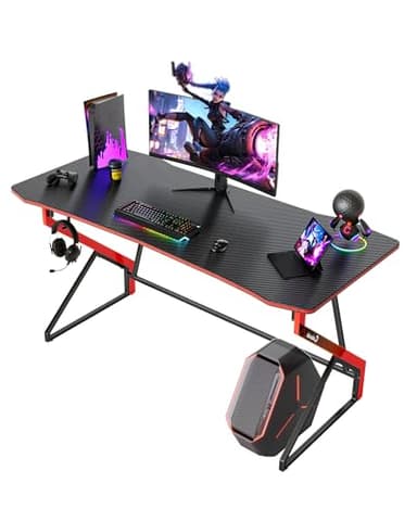 CubiCubi Bureau Gamer Gaming Informatique - 140*60*75 cm Esport Ergonomic Bureau Table Surface Fibre de Carbone, Stable Z Cadre, Crochet Casque pour Jouer Etudier Travailler, Chambre Domicile Grand