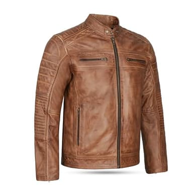Leatherick Veste de motard en cuir véritable pour homme au look vieilli Marron clair (FR/ES, Alpha/lettres, M, Taille normale, Taille normale)