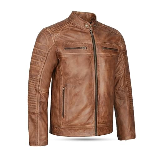 Leatherick Veste de motard en cuir véritable pour homme au look vieilli Marron clair (FR/ES, Alpha/lettres, TTG, Taille normale, Taille normale)