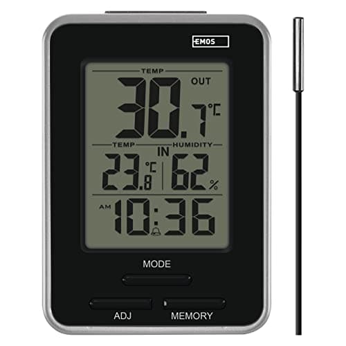 EMOS Thermomètre numérique avec capteur extérieur, thermomètre intérieur et extérieur, hygromètre, affichage des valeurs minimales et maximales, réveil avec fonction snooze, fonctionne sur piles,