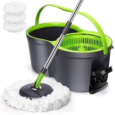 Eukue Serpillière Seau Essoreur, Balai en Microfibre avec Manche Télescopique, Serpillère et Seau Essoreur, 2en1 Seau Essoreur à Pédale et Balai à Franges pour Nettoyage sols-Gris+Vert
