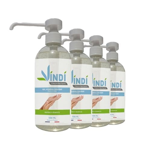 Vindi Désinfectant gel hydroalcoolique - Lot de 4 flacons pompe de 500ml - Fabrication Française - 76% d'alcool - Désinfection des mains - Virucide