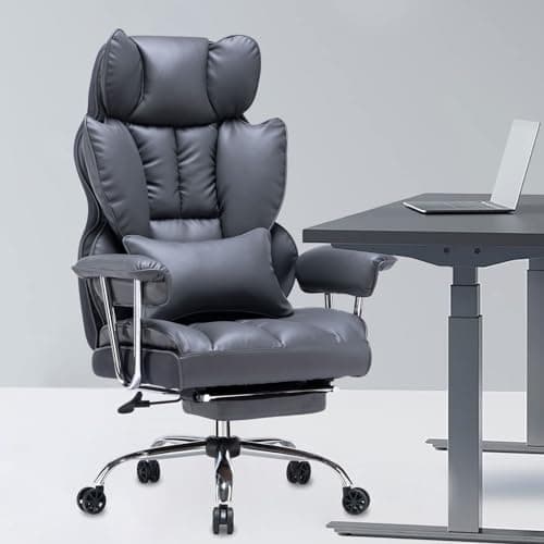 Efomao Fauteuil de Direction, Chaise de Bureau en Cuir PU, Fauteuil de Bureau Ergonomique Ajustable à Dossier Haut, Pivotant 200kg avec Repose Pieds et Support Lombaire, Noire légère