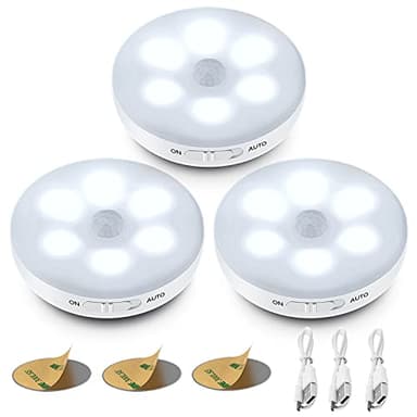 Veilleuse LED Automatique[Lot de 3],Lampe Detecteur de Mouvement Interieur,3 Modes(Auto/On/Off), Lumiere Autocollante USB Pile Rechargeable, LED Sans Fil pour Cuisine,Couloir,Escalier,Placard(Blanc)