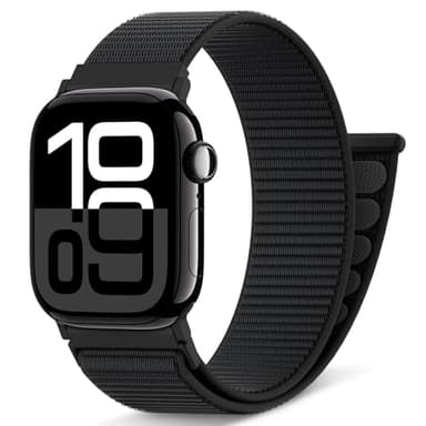 AMSKY Boucle Sport Nylon Compatible avec Bracelet Apple Watch Se 40mm 44mm 46mm 42mm 45mm 41mm 38mm 49mm, Femme Homme Originale Design pour iWatch Serie 10 9 8 7 6 5 4 3 2 1 SE Ultra, Noir