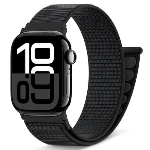 AMSKY Boucle Sport Nylon Compatible avec Bracelet Apple Watch Se 40mm 44mm 46mm 42mm 45mm 41mm 38mm 49mm, Femme Homme Originale Design pour iWatch Serie 10 9 8 7 6 5 4 3 2 1 SE Ultra, Noir