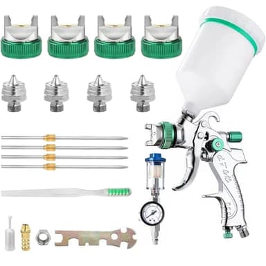 WOOLUCK® HVLP Pistolet à Peinture 600ml avec 4 Buses 1,4/1,7/2,0/2,5mm,Pistolet Peinture Pneumatique pour Les Murs, l'automobile, Les travaux de rénovation (Vert)