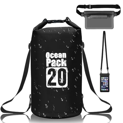 Gucass Sac Étanche 20 L Dry Bag avec Double Bandoulière Réglable, Sac Etanche Nautique avec Pochette Smartphone et Banane pour Natation, Kayak, Voyage, Cyclisme, Surf (Noir)