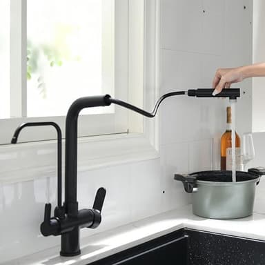 Robinet De Cuisine À 3 Voies Avec Douchette Extractible, Mitigeur De Cuisine Pour Filtre À Eau, 2 En 1 Mitigeur Évier Cuisine Pour Systèmes D'Osmose En Matériau En Laiton (noir)