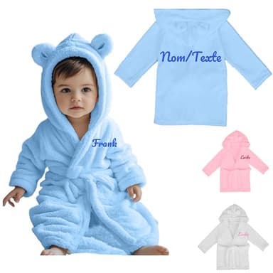 Peignoir Bebe Personnalisé avec Nom Peignoir Brodé Enfant, Peignoir de Bain Enfant en Flanelle Doux, Cadeau Naissance Personnalisé, Cadeau Bebe Personnalisé pour Garçon et Fille