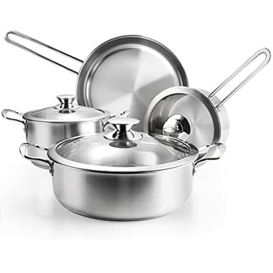 Wodillo Batterie de Cuisine en Acier Inoxydable à 3 Couches, 7 pièces, Poêle à Frire, Casserole et Marmite avec Couvercle en Verre, Casseroles Adapté à la Tous Feux Dont Induction (Argent)