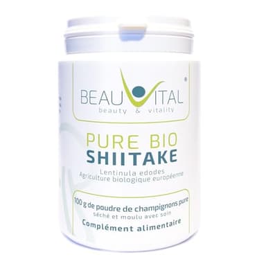 Pure Bio Shiitake 100 g Lentinula edodes poudre de champignons médicinaux de l'agriculture biologique de l'UE, végétalien, sans additifs artificiels