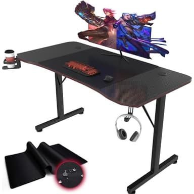 Devoko Bureau Gaming 140 x 60cm, Grande surface de Table Gaming Ergonomique,Stable Bureau Gamer en Forme de T avec Boîte de Rangement pour Câbles, Crochet pour Casque, Porte-Gobelet et Tapis de Souris