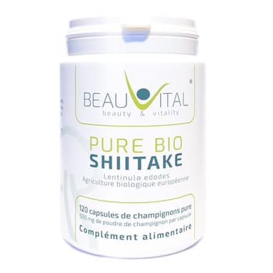 Pure Bio Shiitake 120 capsules chacune 500 mg Lentinula edodes poudre de champignons médicinaux de l'agriculture biologique de l'UE, végétalien, sans additifs artificiels