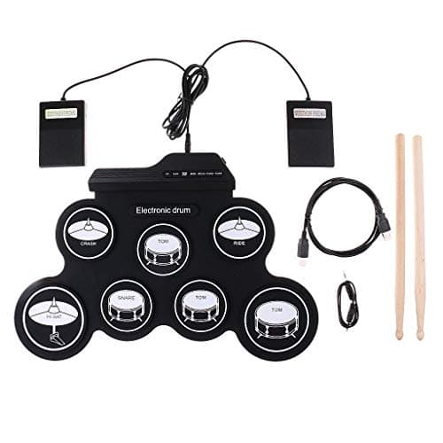 Yangers Kits de batterie électrique pour les débutants, Pads de batterie enroulable pliable et portatifs numériques avec 2 pédales et 2 bâtons pour cadeau de démarrage