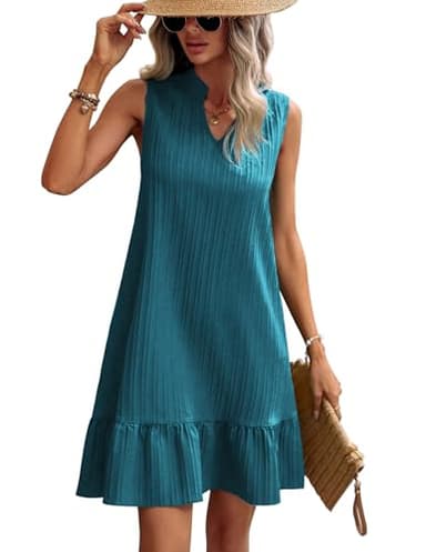 Zeagoo Femmes Robes d'été sans Manches Col en V Décontracté Plage Robes Mini à Volants Robe Elegant Couleur Unie Débardeur Robe