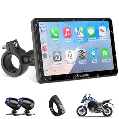 Carpuride W712D Moto Carplay Écran avec 1080P HD Doubles Caméras, sans Fil CarPlay et Android Auto, 7" Étanche Écran Tactile, BT Audio, Filaire Contrôleur, Boucle Enregistrement, Navigation.
