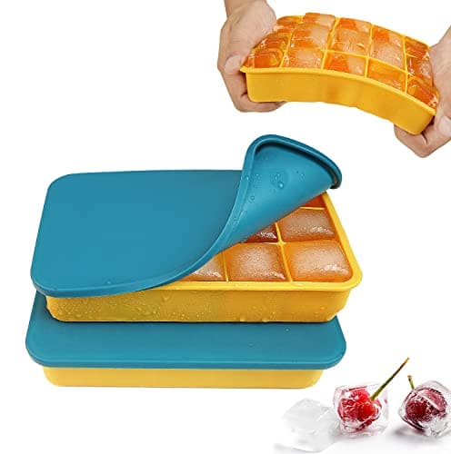 Lot de 2 Bac a Glacon en Silicone Empilable, Bac a Glacons avec Couvercle Bebe Certifié LFGB et sans BPA, Bacs à Glaçons Carrés Faciles à Retirer (Bleu-Jaune)