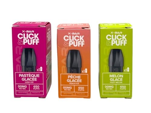Click & PUFF - Pack de 3 cartouches réutilisables sans nicotine ni tabac (Pastèque Glacée, Pêche Glacée,Melon Glacé)