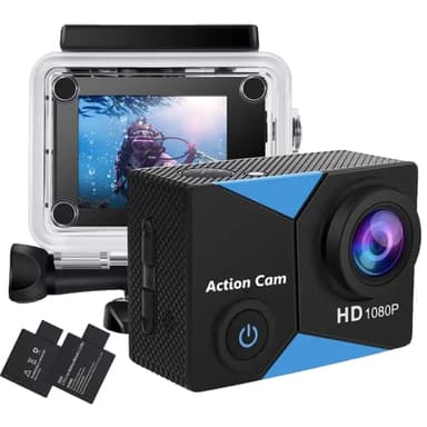 Jadfezy Caméra Sport Ultra HD 1080P, 12MP Caméra d'action avec 2" écran LCD,Grand Angle, Caméra Étanche 30M équipée de 2×900 mAh Batteries et Accessoires pour Casque et Vélo, etc.