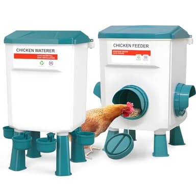 Mangeoire Poules Anti Nuisible Poules, 12kg Mangeoire et Abreuvoir 11L pour Poulet, sans Déchets et Abreuvoirs à Volaille, jusqu'à 20 Poussins et 12 Poulets Adultes