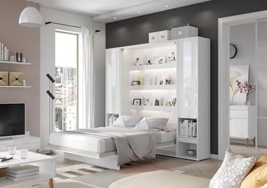 Kamazza Lit escamotable 160x200 Blanc Brillant avec 2 armoires et 2 Tables de Chevet Ouverture pneumatique - Smart