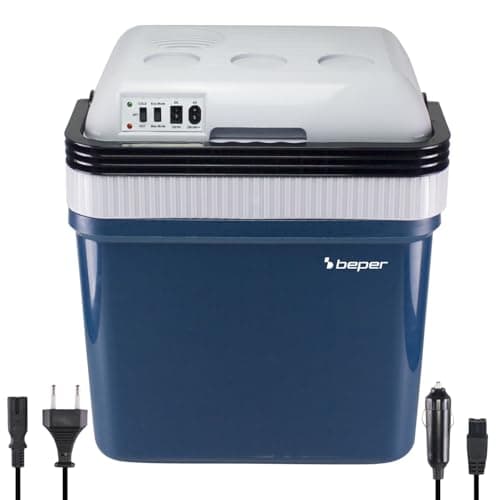 BEPER P102CON300 Réfrigérateur électrique portable, 24 litres, refroidissement et chauffage, prise allume-cigare 12 V et prise murale, mini réfrigérateur, blanc/rouge, 40,2 x 30,6 x 46 cm