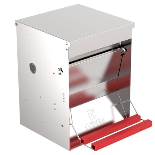 COPELE Mangeoire pour 6 Poulets, Poules, Anti-nuisibles avec Ouverture mécanique de la Porte, idéale pour l'extérieur et l'intérieur, capacité 12 kg - Dimensions 30 x 30 x 41 h.