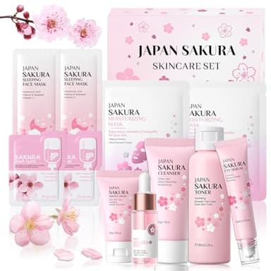 Sakura Ensemble de Soins du Visage 11 Pièces,Sakura Skin Care Set avec Nettoyant Visage,Toner,Contour Yeux,Sérum,Crème,Sakura Coffret Soin Visage Femme pour Adolescentes Fille et Femmes