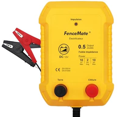 FenceMate Électrificateur clôture electrique batterie 12V, Sortie 0,5 J, pour 2 à 10 km, faible impédance, Tension de crête 10 kV, pour volaille, bétail, animaux de compagnie