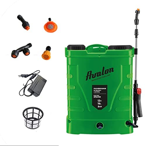 Avalon - Pulvérisateur à Dos à Pression avec Batterie Rechargeable, réservoir 16 L, 6 Bar, Lance INOX Verte. Comprend Harnais, Chargeur et Set de Buses de pulvérisation