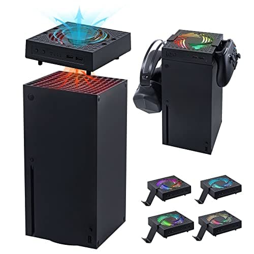 Mcbazel Xbox Series X RGB Support de Ventilateur de Refroidissement 3 Vitesses de Réglage, Support Anti-Poussière de Refroidissement Automatique avec 2 Crochets pour Casque pour Console Xbox Series X
