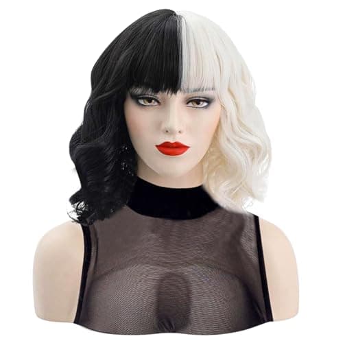 Aomig Perruque Femmes Halloween Carnaval Perruque Noir Blanche, 2PCS Moitié Noir Moitié Blanc Cosplay Perruque, Perruque Bob Perruque avec Filet à Perruque pour Cospaly Noël Party Déguisements